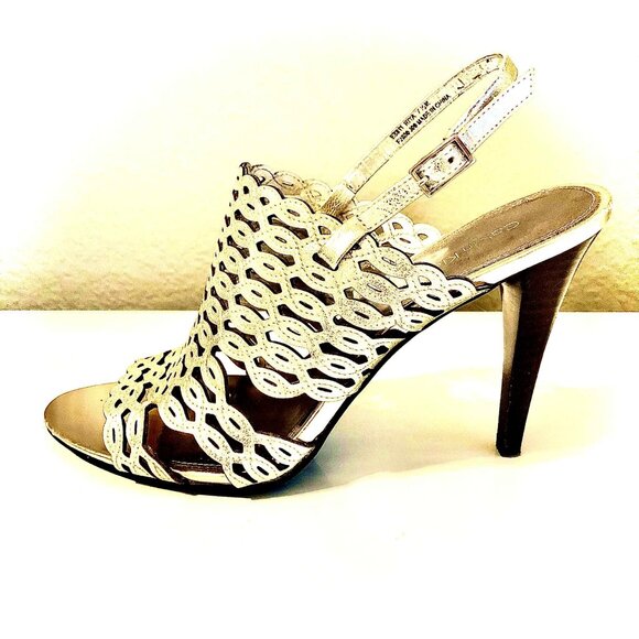 CALVIN KLEIN Riya Metallic Champagne Caged Stiletto Heels Sandals Slingback 7.5 - Picture 1 of 8